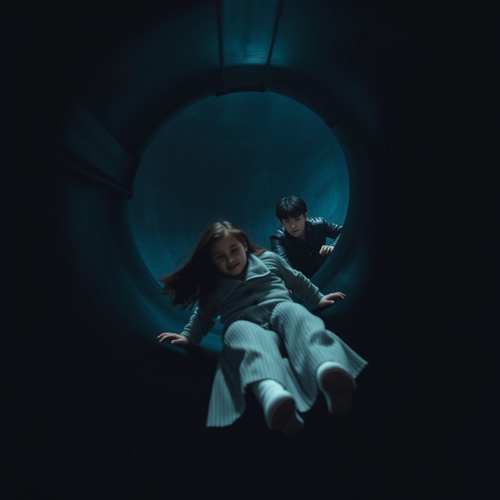 A dark scene featuring a long spiral slide that is black in color