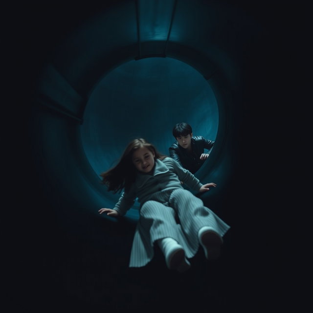 A dark scene featuring a long spiral slide that is black in color