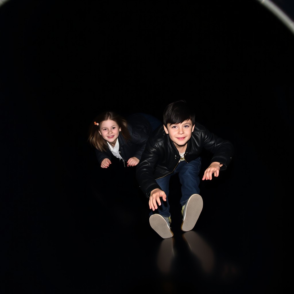 A long, spiraling slide in black, featuring a 13-14 year old girl with brown hair sliding ahead of a 15 year old boy with black hair and a black leather jacket