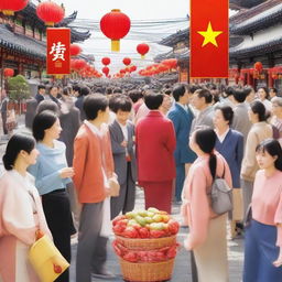 Chinese and Japanese people engaging in a vibrant and active trade scene