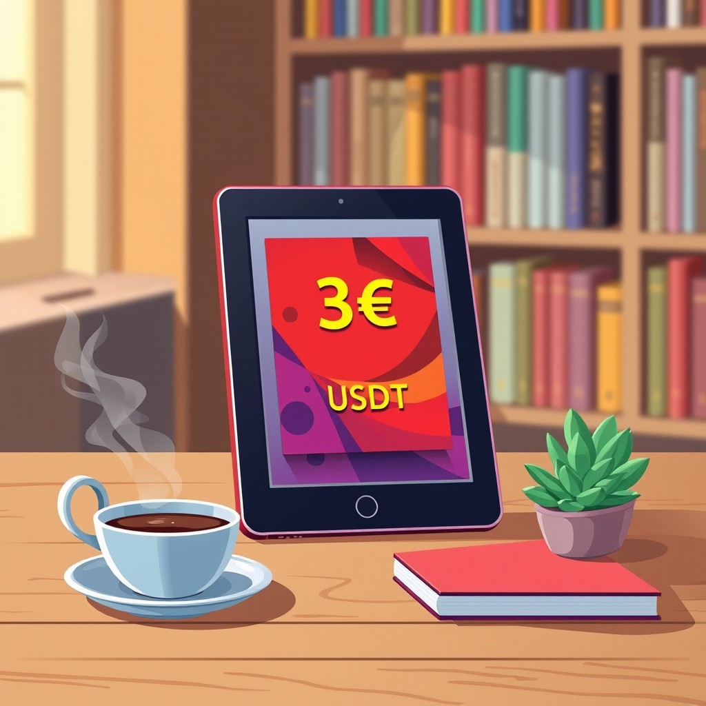 An illustration of a modern, sleek e-book reader displaying a vibrant digital book cover