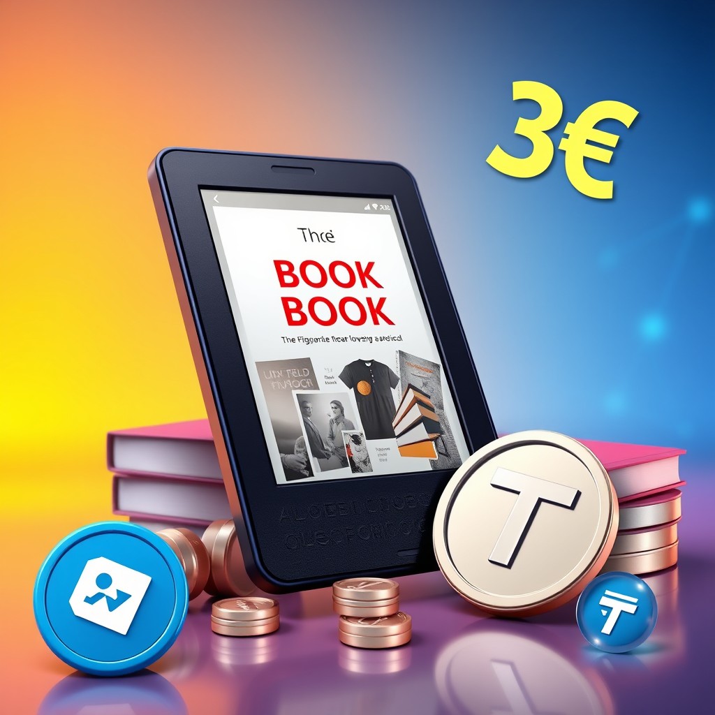 An eye-catching image of an electronic book (e-book) reader displaying a digital book cover, accompanied by a price tag of 3€ and a graphic representation of USDT (Tether) cryptocurrency