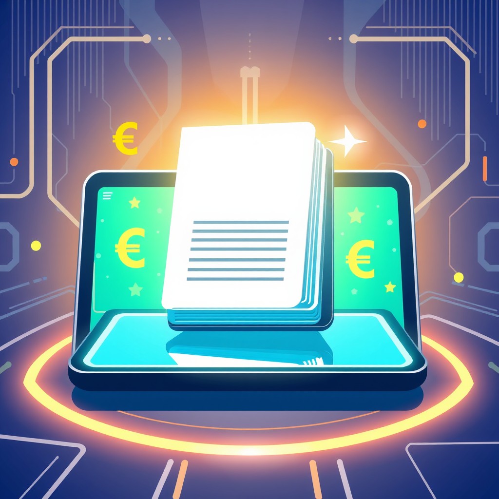 An illustration of an electronic book (eBook) with a modern design, displayed prominently on a digital screen, surrounded by various currency symbols like Euro (€) and USDT ($) in a stylish layout