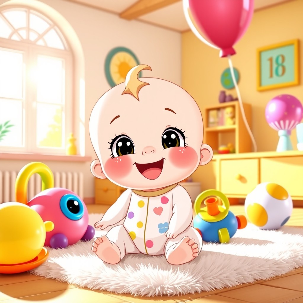 Whimsical Baby Character Illustration #18 - Joyful Playtime in Vibrant Room
