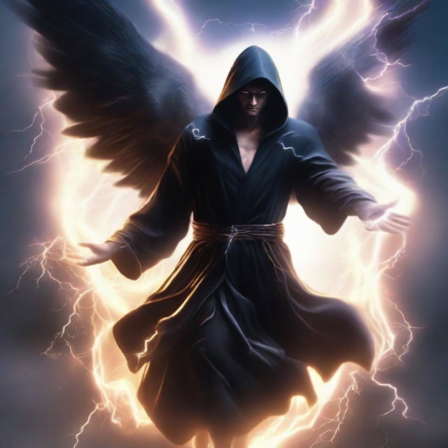 A man in a black hooded robe, flying high with wings made of vivid lightning energy. He is explosively attacking with a thousand lightning-inspired moves through the heart of a turbulent storm.