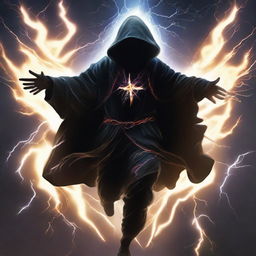 A man in a black hooded robe, flying high with wings made of vivid lightning energy. He is explosively attacking with a thousand lightning-inspired moves through the heart of a turbulent storm.