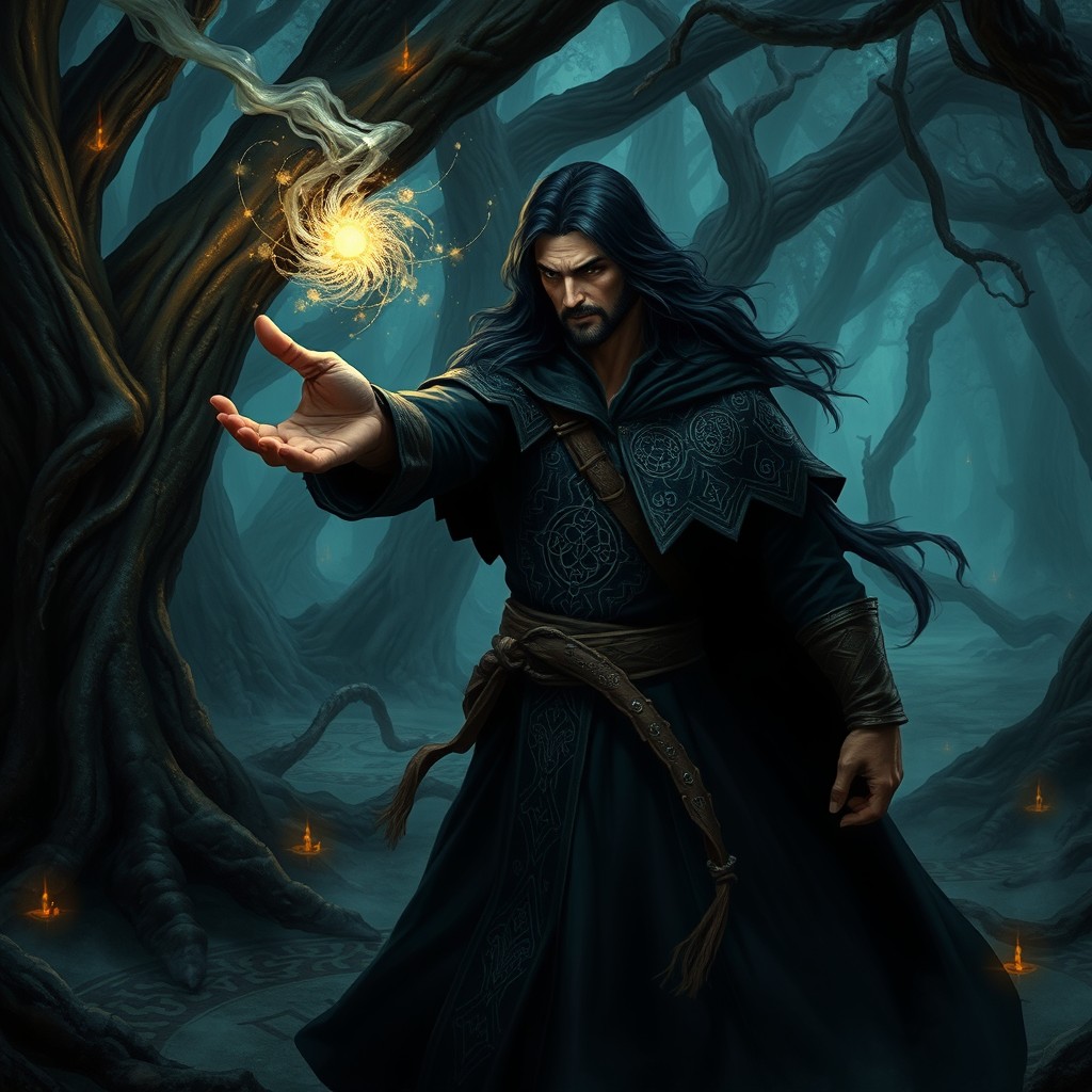 Enchanting Dark Fantasy: A Rogue Mage's Spell in a Mystical Forest