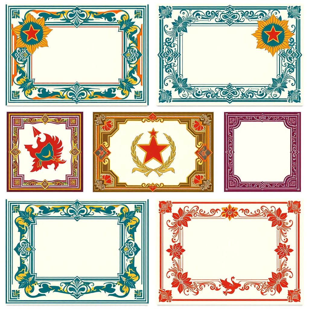 A collection of vintage Soviet-era poster frames, showcasing unique ornamental designs characteristic of the USSR