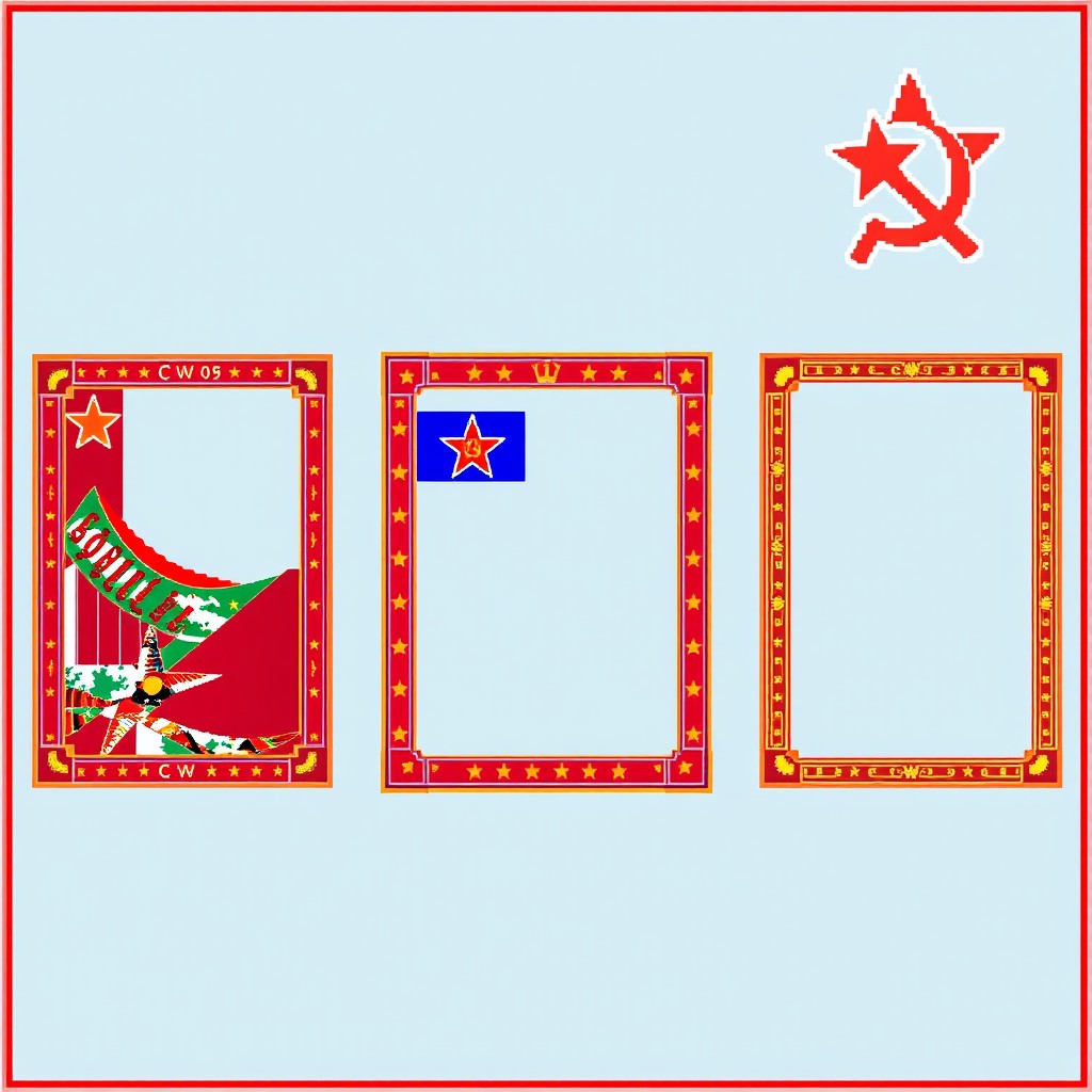 A series of pixel art-style frames for posters from an alternate universe where the USSR won the Cold War and captured the USA