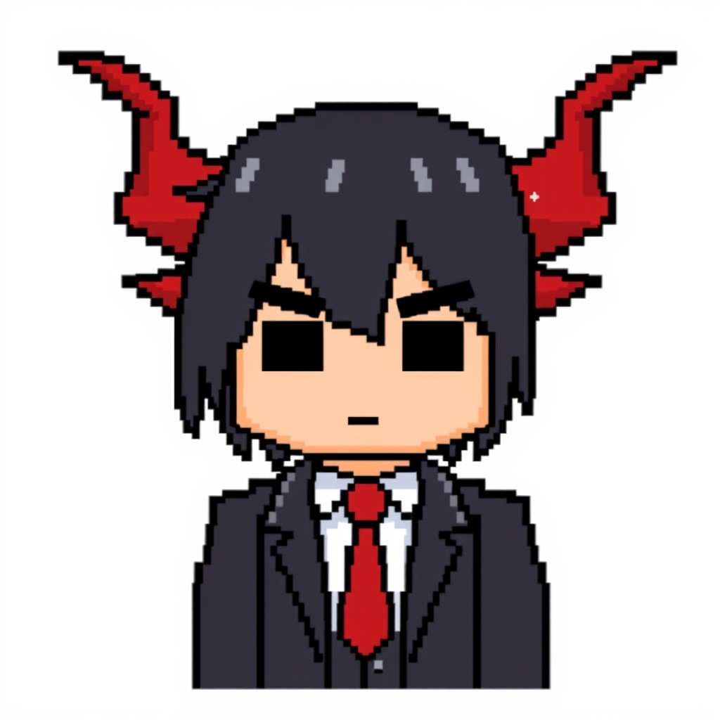 A pixel art character on a white background featuring a faceless individual with black hair that reaches the eyebrows, red horns on the sides of their head that extend along the head