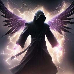 A man in a black hooded robe, flying high with wings made of vivid lightning energy. He is explosively attacking with a thousand lightning-inspired moves through the heart of a turbulent storm.