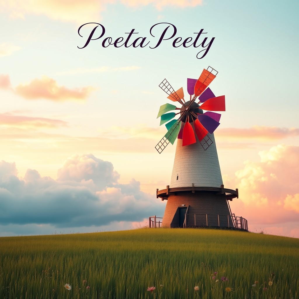 A captivating book cover for a poetry collection featuring a whimsical windmill (catavento) against a dreamy, pastel-colored sky