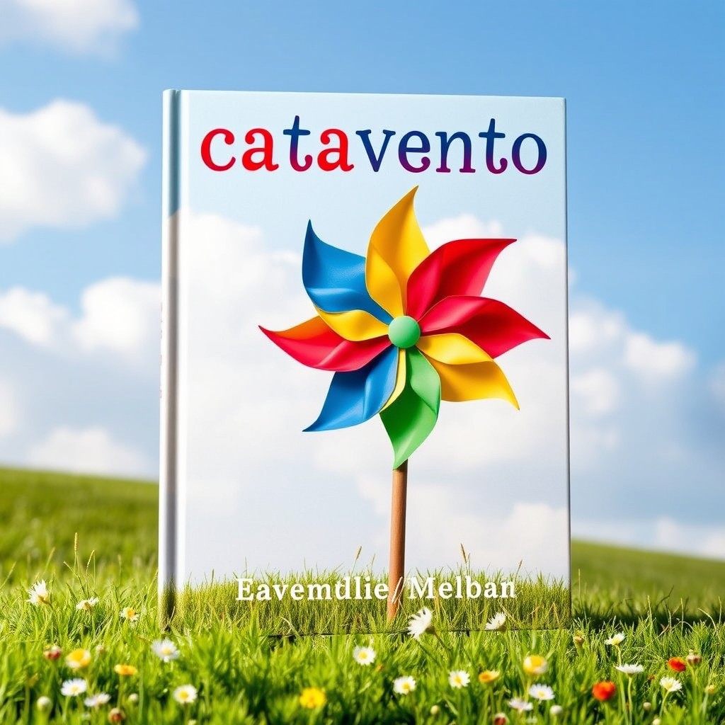 A captivating book cover featuring a large, colorful pinwheel (catavento) set against a soft, dreamy background of a blue sky with fluffy white clouds