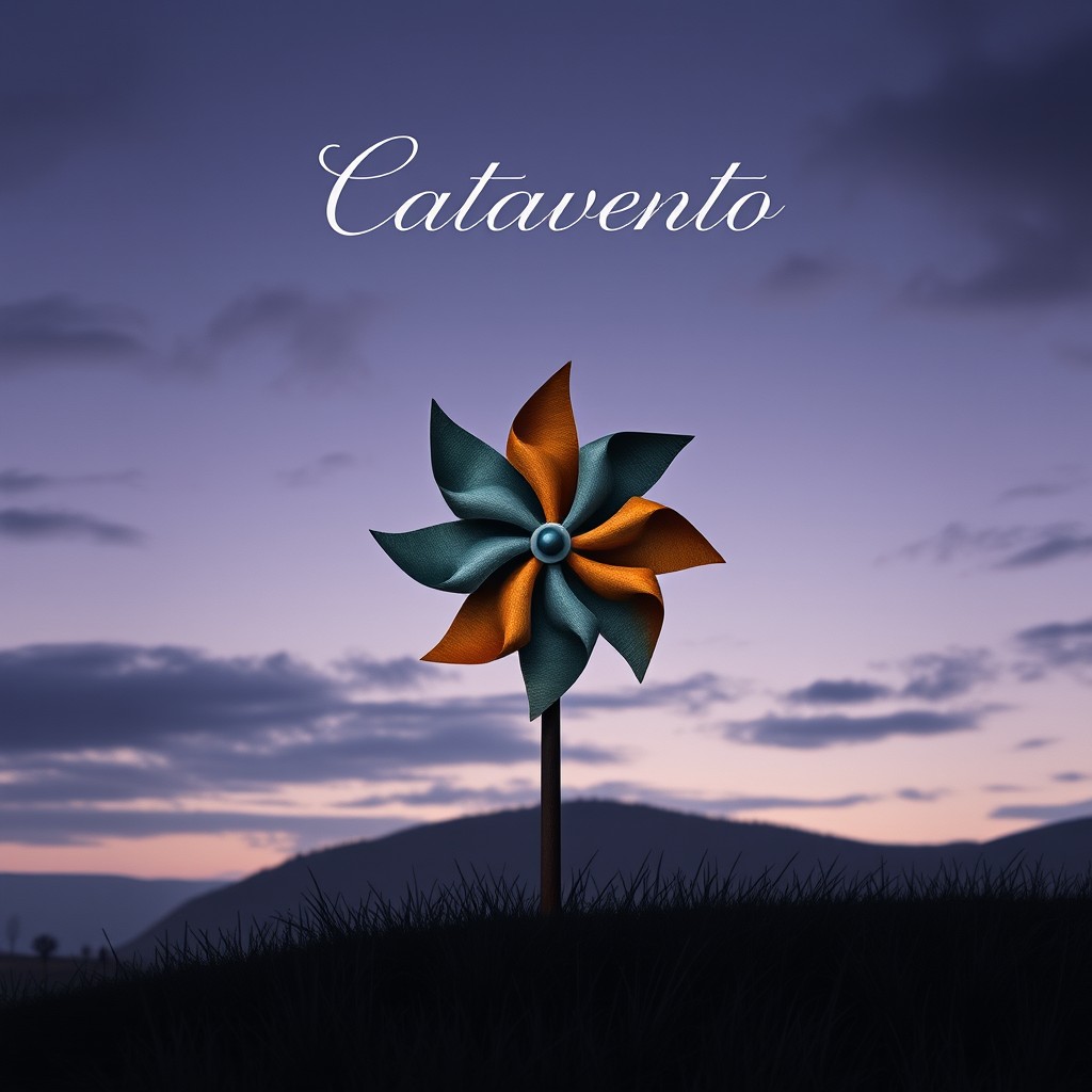 A captivating book cover featuring a large, melancholic pinwheel (catavento) set against a somber background of a twilight sky with shades of purple and gray