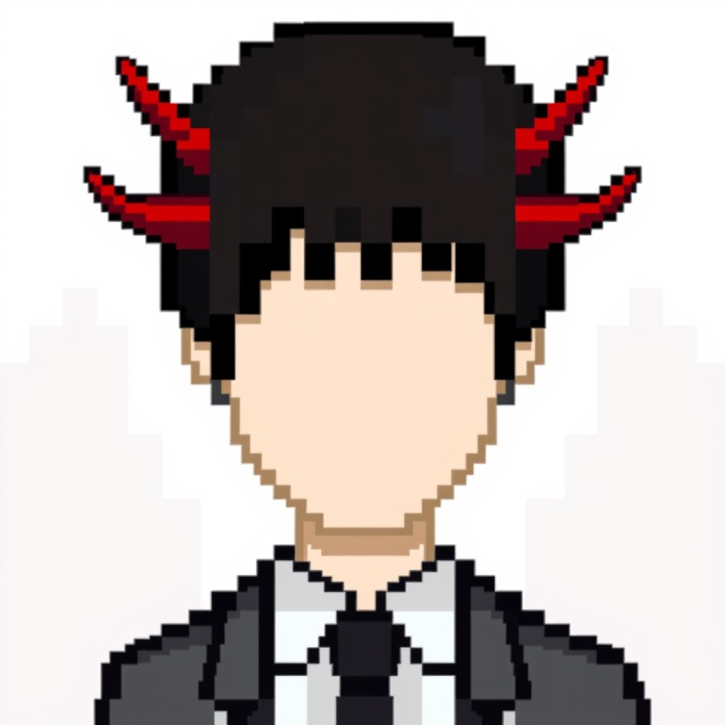 A pixel art image of a faceless person with a smooth and uniform skin tone on their face, completely devoid of eyes and eyebrows, similar to Slenderman