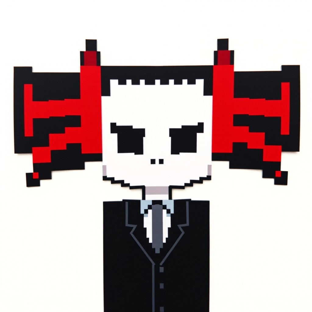 A pixel art character on a white background, featuring a faceless figure with no eyes, eyebrows, or any facial features, displaying a solid skin color where the face would be, resembling Slender Man