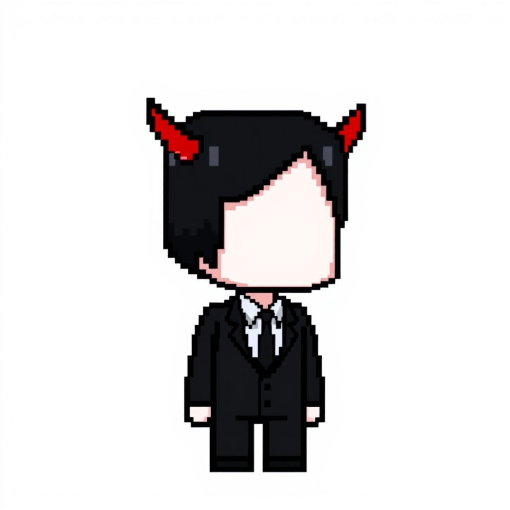 A pixel art character on a white background, featuring a faceless figure without eyes, eyebrows, or any facial features, displaying a solid skin color where the face would be, akin to Slender Man
