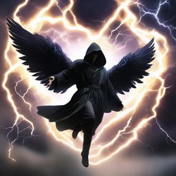 A man in a black hooded robe, flying high with wings made of vivid lightning energy. He is explosively attacking with a thousand lightning-inspired moves through the heart of a turbulent storm.