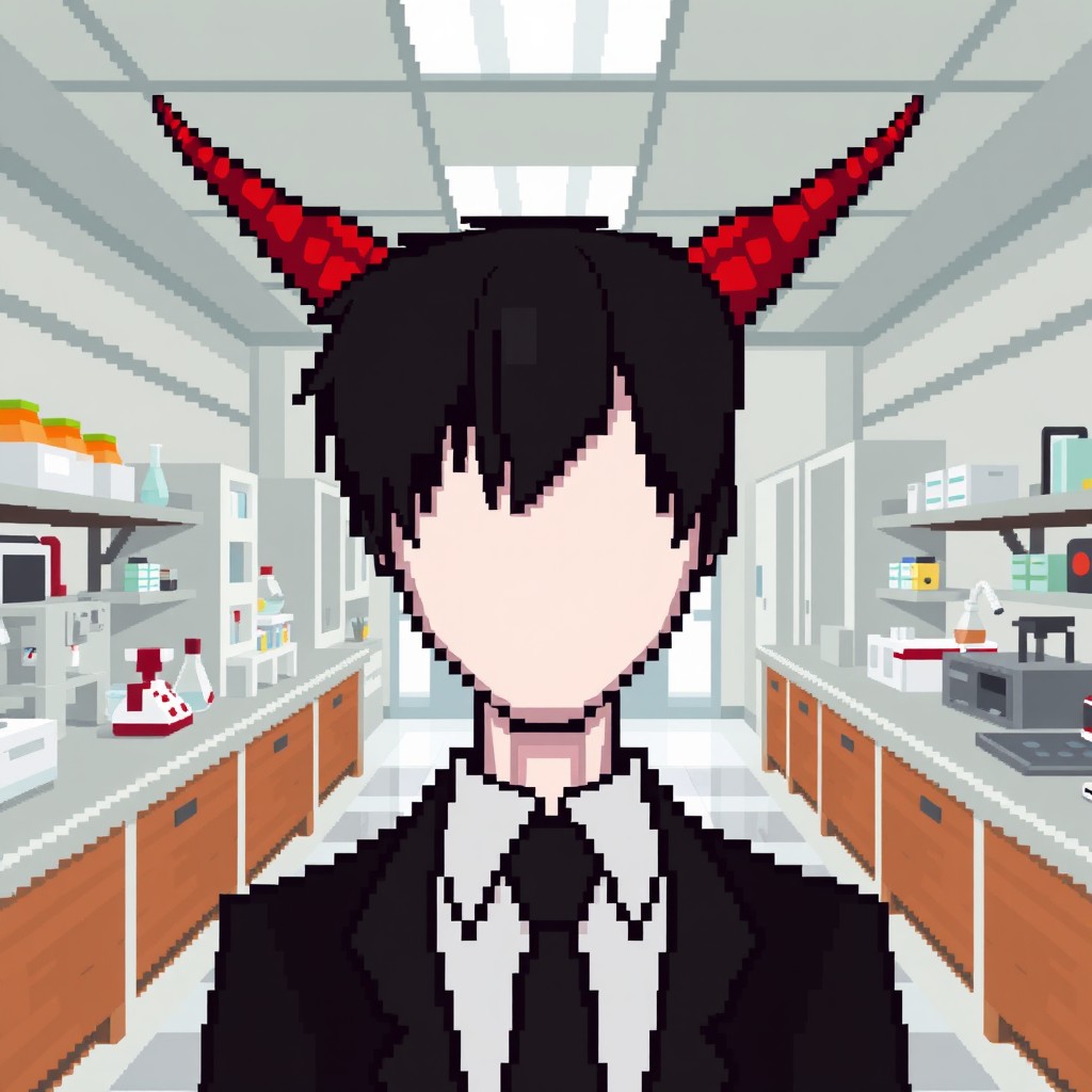 A pixel art representation of a faceless person with no eyebrows and no eyes, their face is just a solid skin color resembling Slender Man