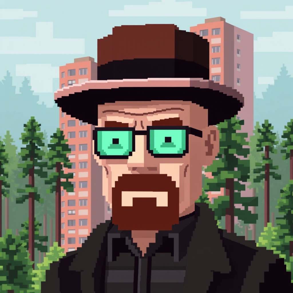 A pixel art depiction of Heisenberg from Breaking Bad, wearing his iconic hat, set against a Soviet-style forest background featuring tall apartment buildings