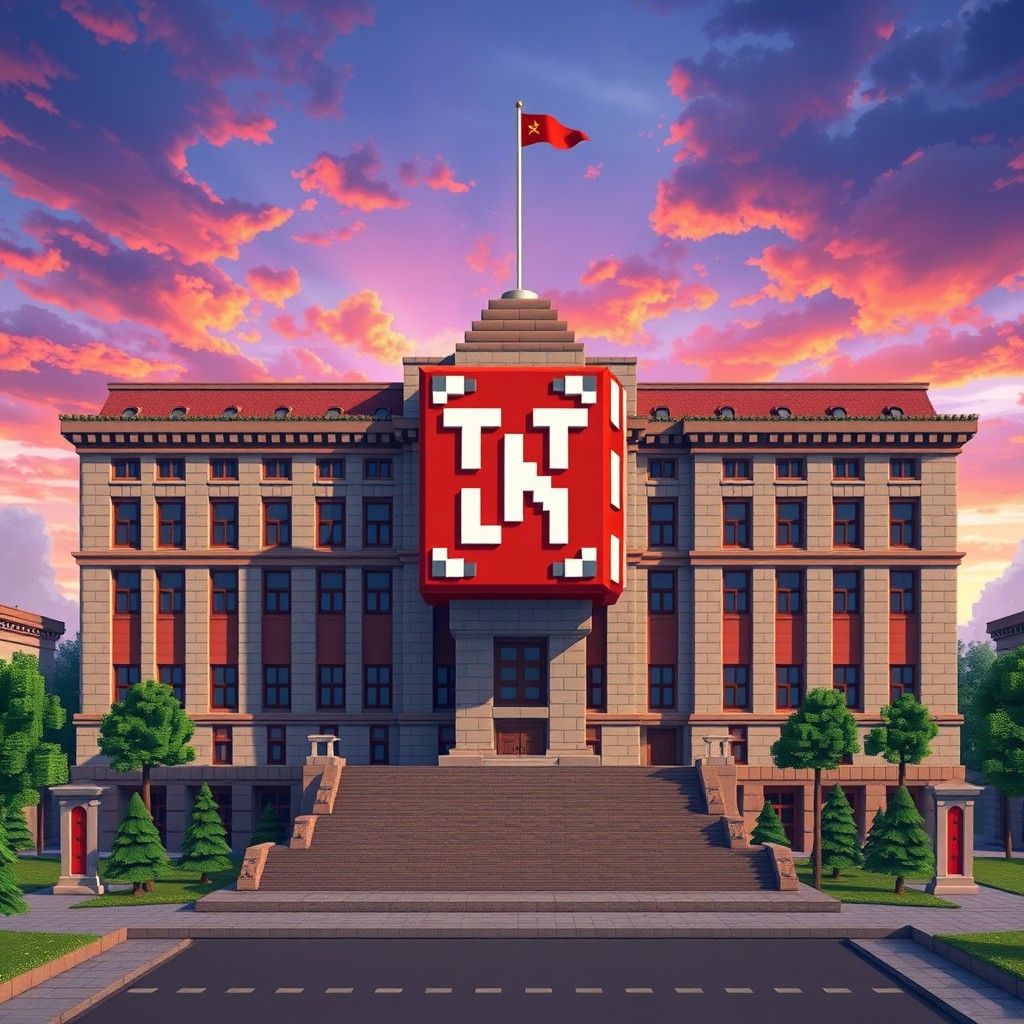 A large Soviet-style town hall featuring a central statue resembling a TNT block from Minecraft, all designed in pixel art and the Minecraft aesthetic