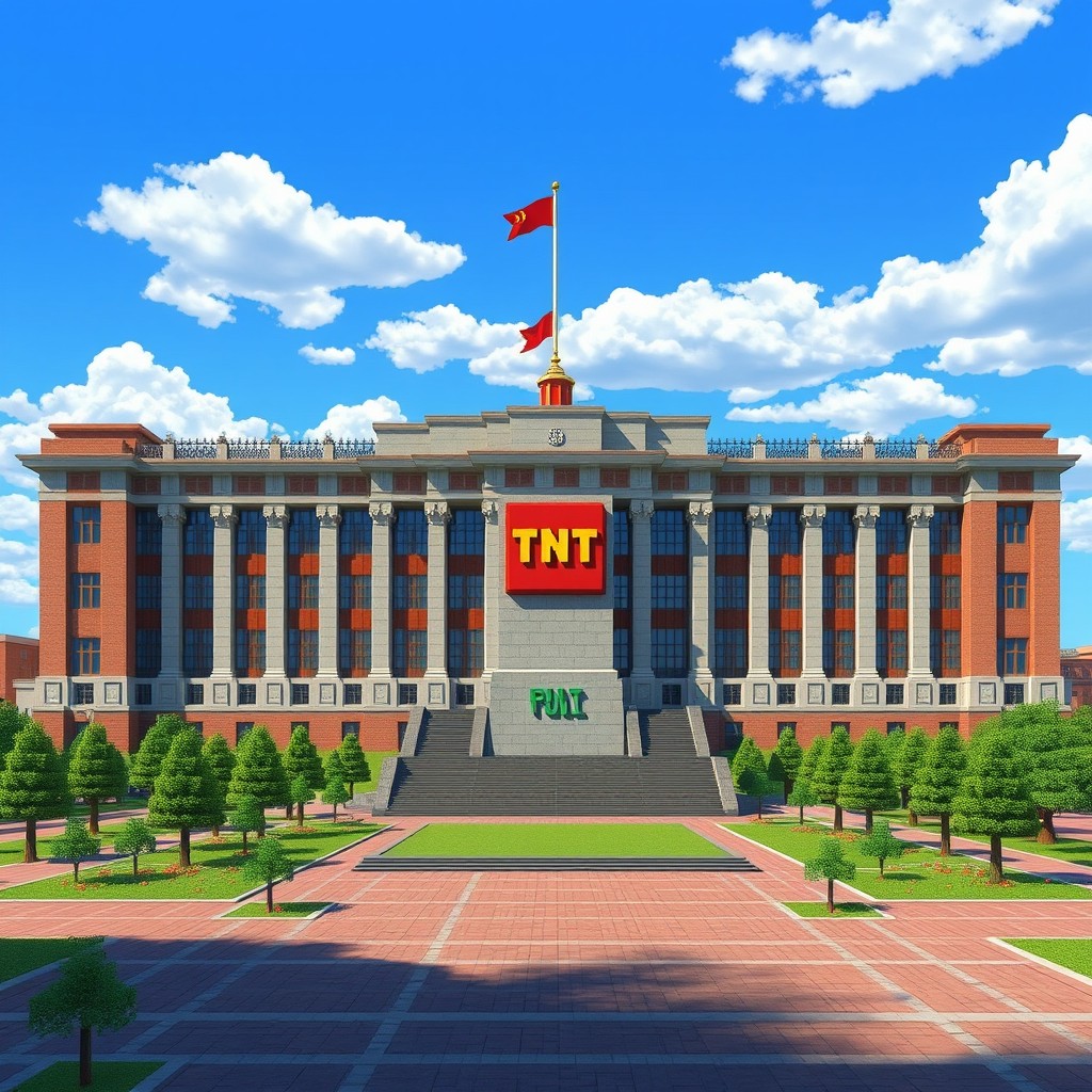 A massive Soviet-style town hall designed in a pixel art and Minecraft style, featuring a prominent statue in the center resembling a block of TNT from Minecraft