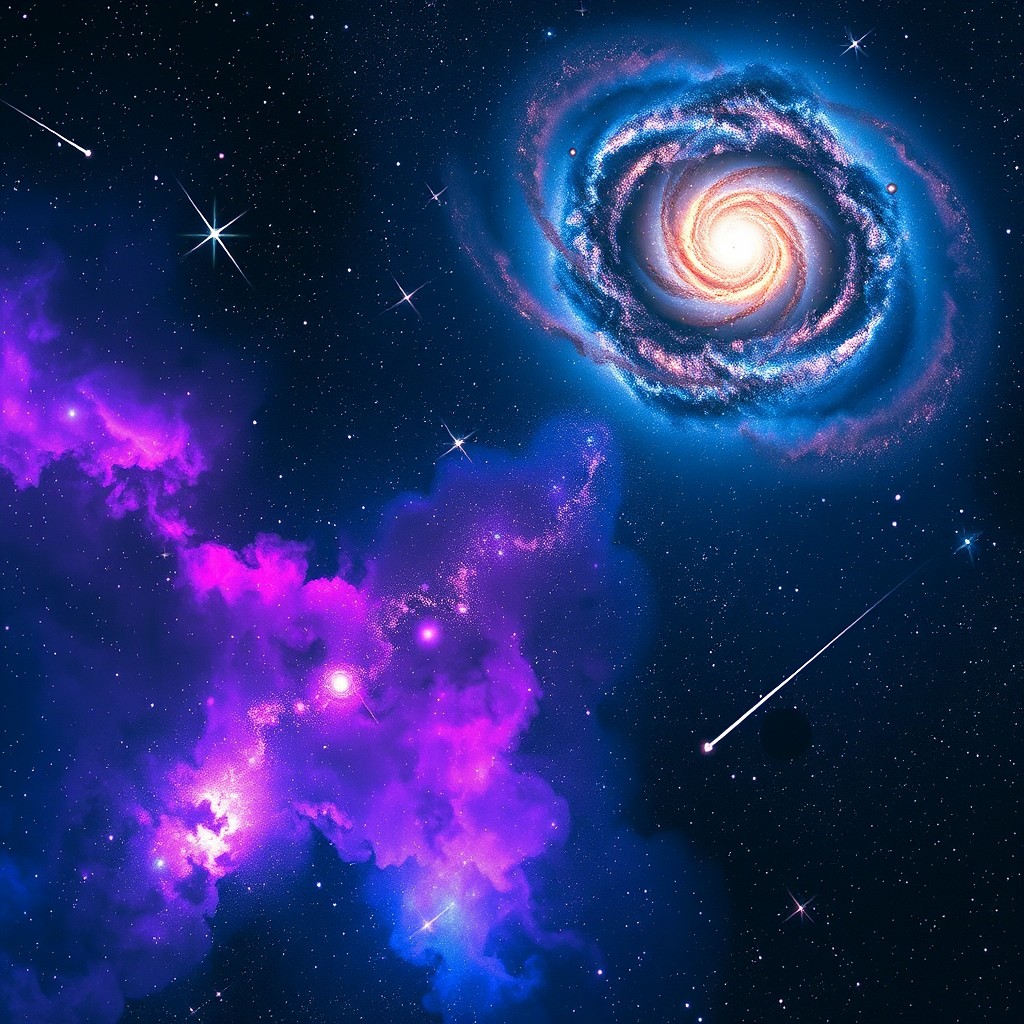 A stunning depiction of outer space, showcasing a colorful nebula filled with vibrant shades of purple, blue, and pink swirling together