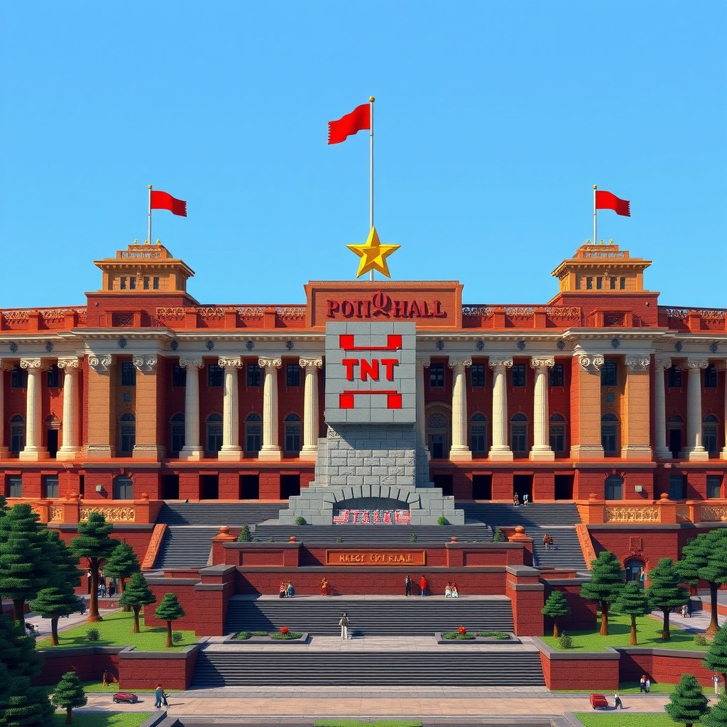 A massive Soviet-style city hall featuring a central statue resembling a block of TNT from Minecraft, designed in a pixel art style reminiscent of Minecraft aesthetics