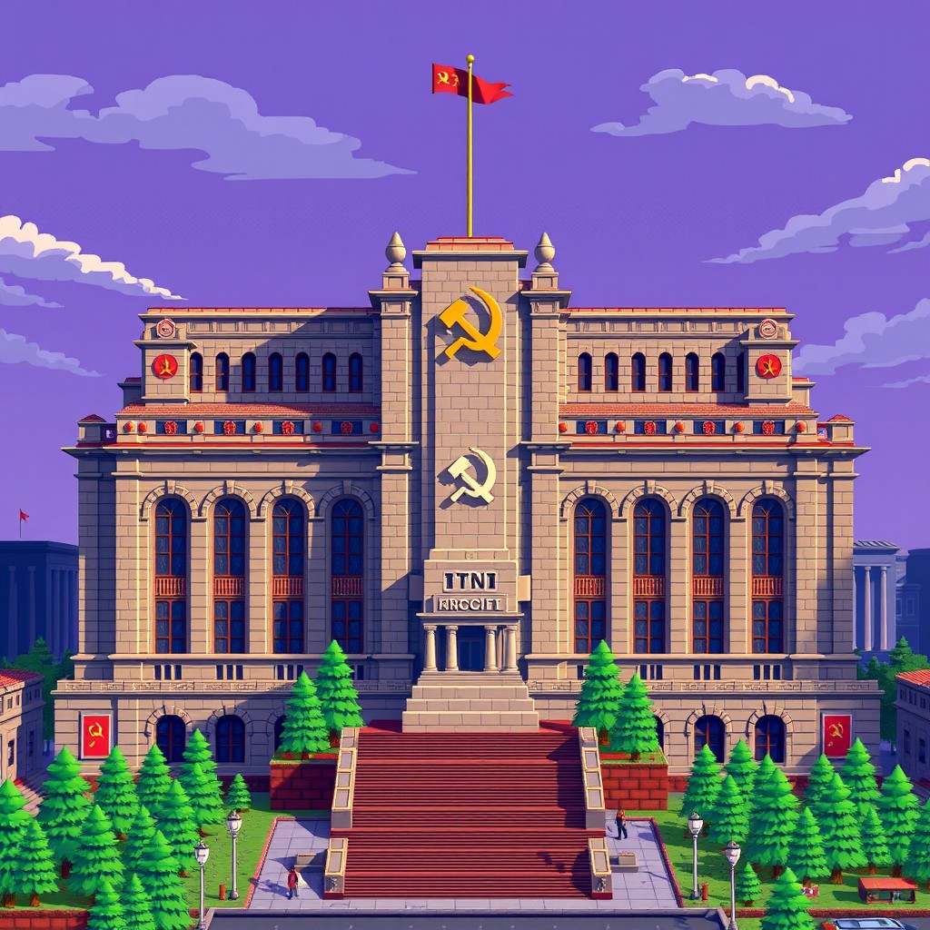 A massive Soviet-style town hall featuring grand architecture and towering pillars, with a central statue resembling a Minecraft TNT block