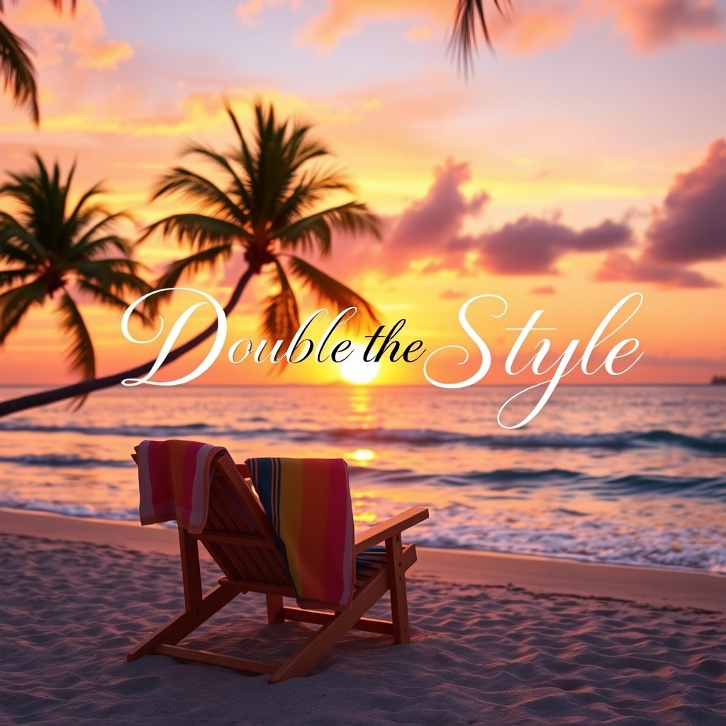 An aesthetically pleasing image featuring a vibrant sunset over a tranquil beach scene, with tropical palms swaying gently in the breeze and the waves softly lapping at the shore