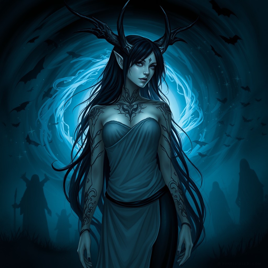 A beautifully detailed illustration of the Daedric Prince Nocturnal from Skyrim, depicted as a mystical and alluring figure