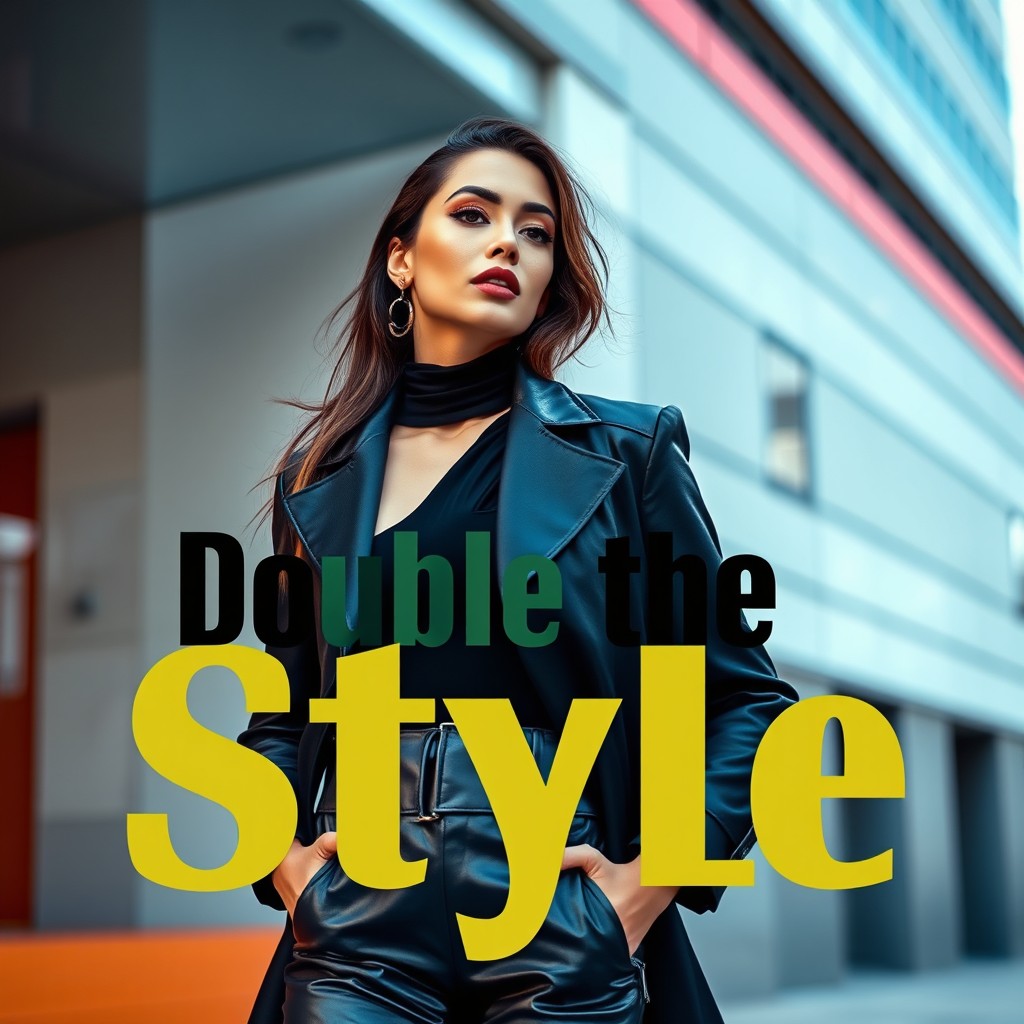 A high-fashion editorial shot featuring a confident model dressed in a chic, contemporary outfit, standing against a stylish urban backdrop