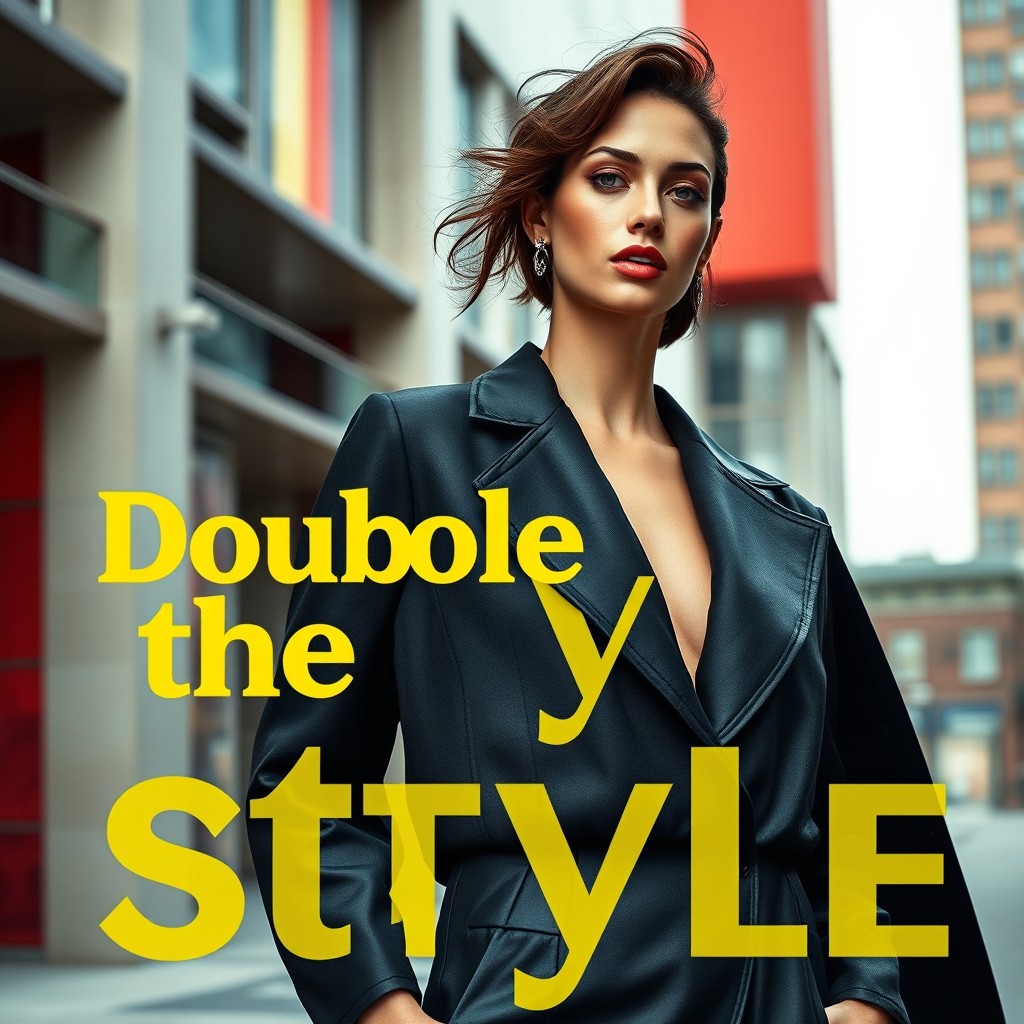 A high-fashion editorial shot featuring a confident model dressed in a chic, contemporary outfit, standing against a stylish urban backdrop