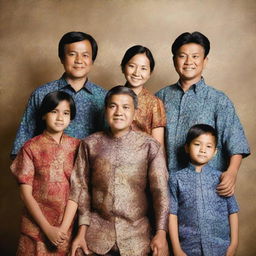 A contemporary Indonesian family photo with the family wearing calming batik patterns, consisting of a 40-year-old man, a 30-year-old woman, and four children: a 3-year-old boy, a 17-year-old boy, a 13-year-old boy, and a 6-year-old girl