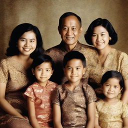 A contemporary Indonesian family photo with the family wearing calming batik patterns, consisting of a 40-year-old man, a 30-year-old woman, and four children: a 3-year-old boy, a 17-year-old boy, a 13-year-old boy, and a 6-year-old girl