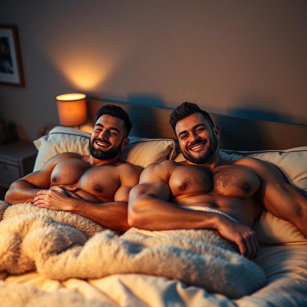 A cozy scene featuring two muscular men resting together in a warmly lit bedroom