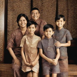 A contemporary Indonesian family photo with the family wearing calming batik patterns, consisting of a 40-year-old man, a 30-year-old woman, and four children: a 3-year-old boy, a 17-year-old boy, a 13-year-old boy, and a 6-year-old girl