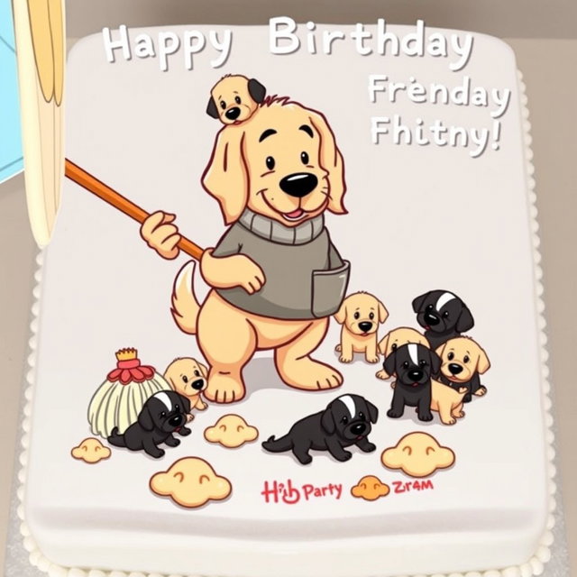 A cartoon-style birthday cake design for a friend's birthday, featuring a funny scene of a golden retriever holding a mop in one hand, cleaning up after nine adorable puppies that are a mix of blonde and black fur