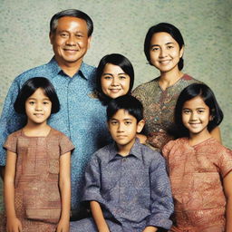 A contemporary Indonesian family photo with the family wearing calming batik patterns, consisting of a 40-year-old man, a 30-year-old woman, and four children: a 3-year-old boy, a 17-year-old boy, a 13-year-old boy, and a 6-year-old girl