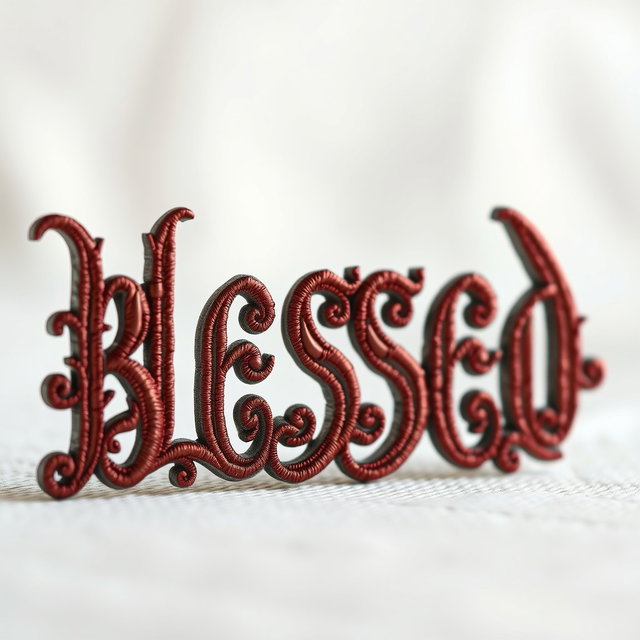 An artistic depiction of the word 'BLESSED' crafted in an elegant Gothic font with intricate embroidery style