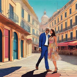 This is a high-quality digital art image featuring Jakéma Charhon and Henri Sampaio, two charismatic characters immersed in the vibrant and romantic atmosphere of Marseille