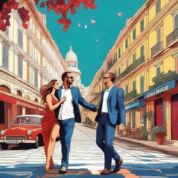 This is a high-quality digital art image featuring Jakéma Charhon and Henri Sampaio, two charismatic characters immersed in the vibrant and romantic atmosphere of Marseille