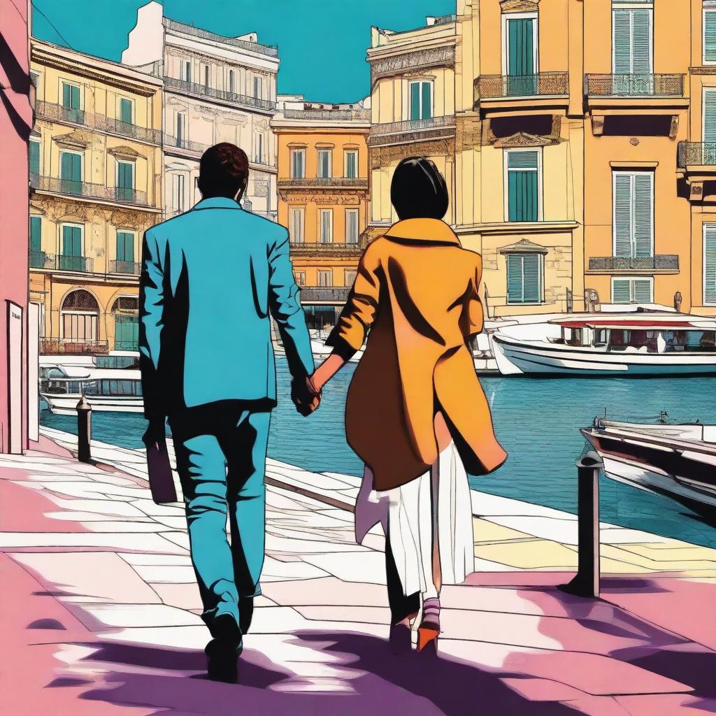 This is a high-quality digital art image featuring Jakéma Charhon and Henri Sampaio, two charismatic characters immersed in the vibrant and romantic atmosphere of Marseille