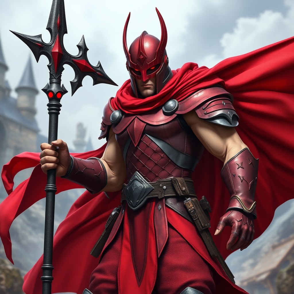 A heroic fantasy character clad in a striking ensemble featuring a red and maroon helmet adorned with a tinted red visor for an intimidating look