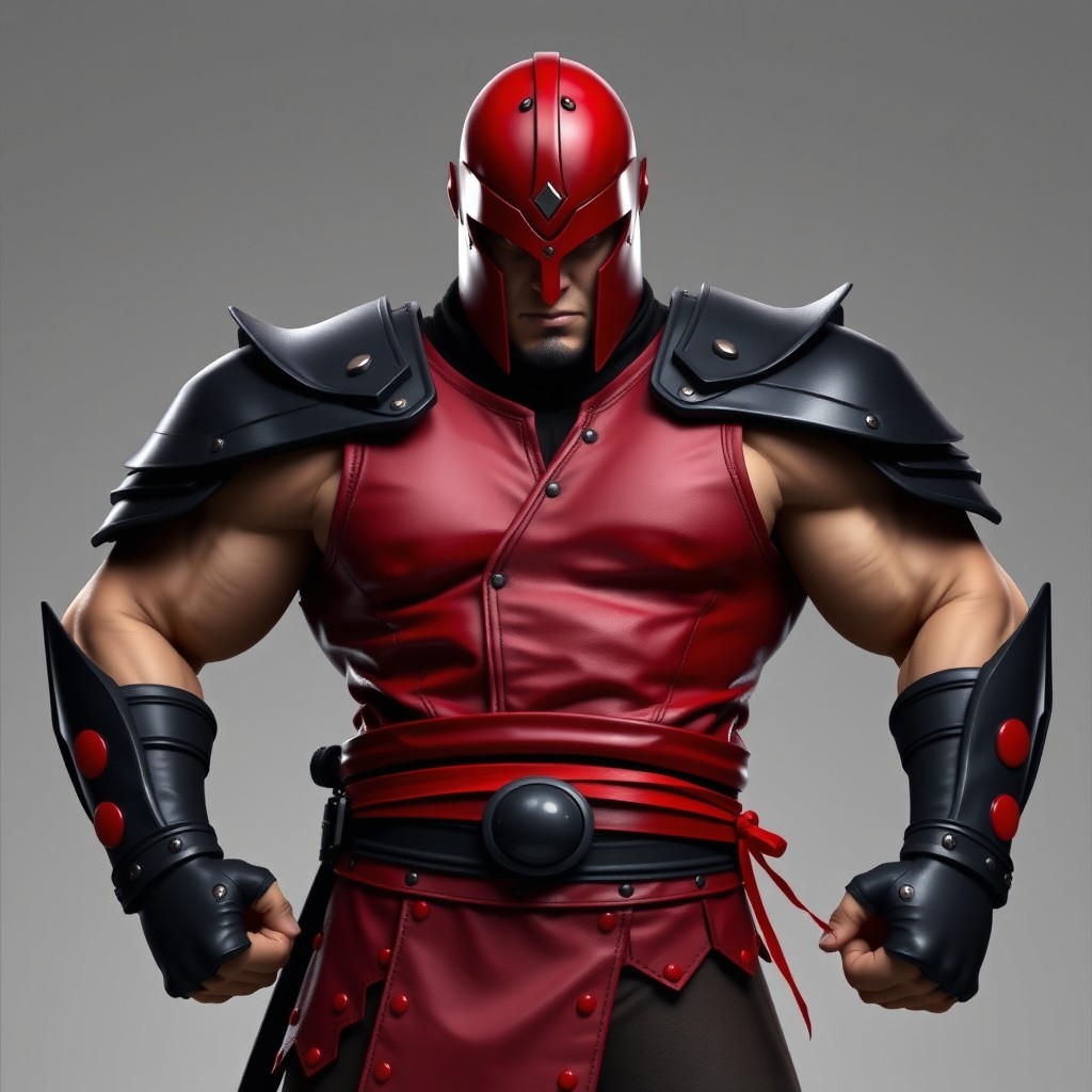 A fierce character wearing a striking dark red helmet that exudes power and intimidation