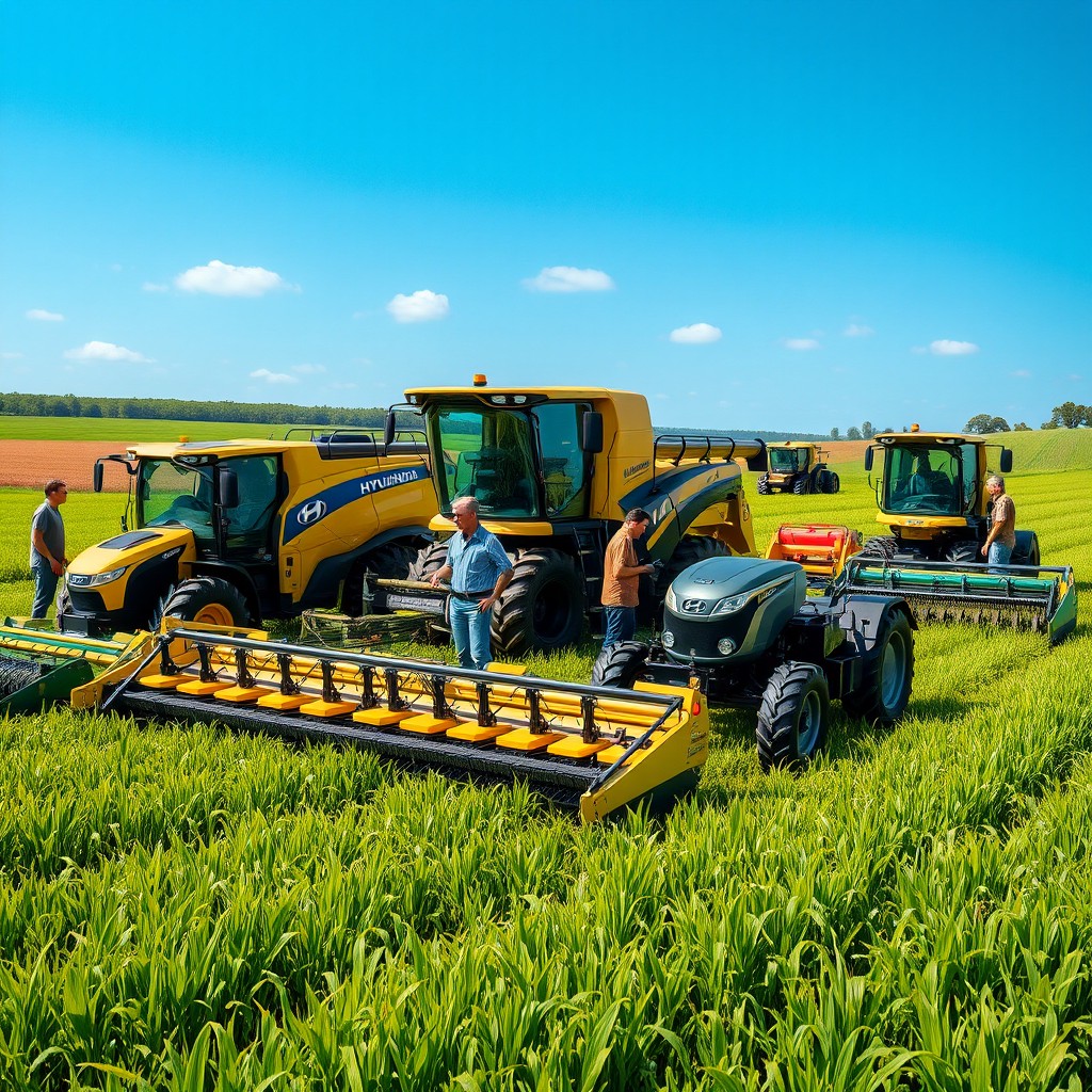 Realistic and modern depiction of a new line of agricultural machines by Hyundai, showcasing cutting-edge tractors, harvesters, and plows in a vibrant agricultural setting