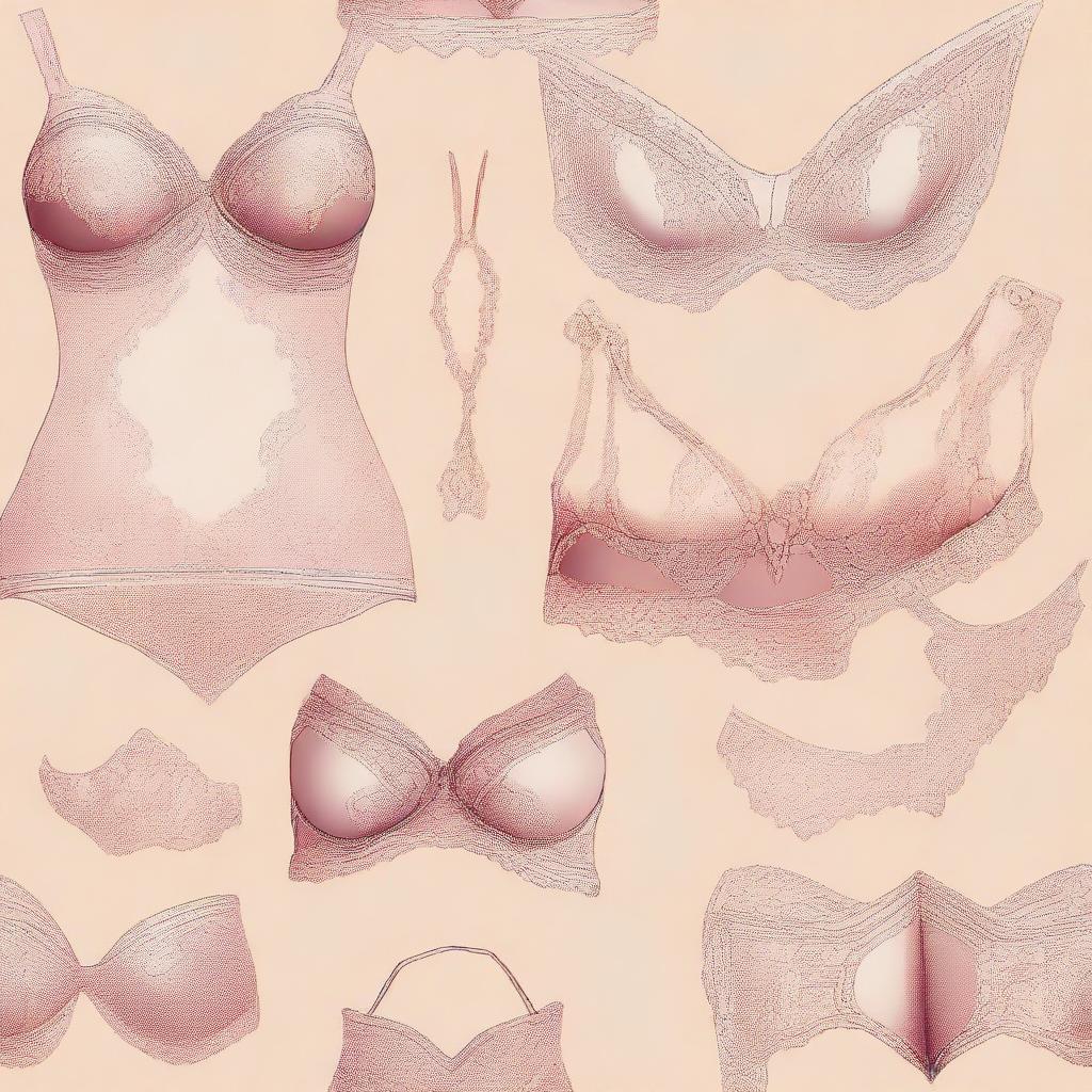 A high-quality digital art image showcasing an array of delicate and intricate lingerie pieces