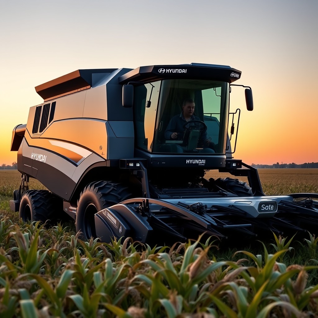 A realistic and modern agricultural combine harvester with an exclusive design by Hyundai