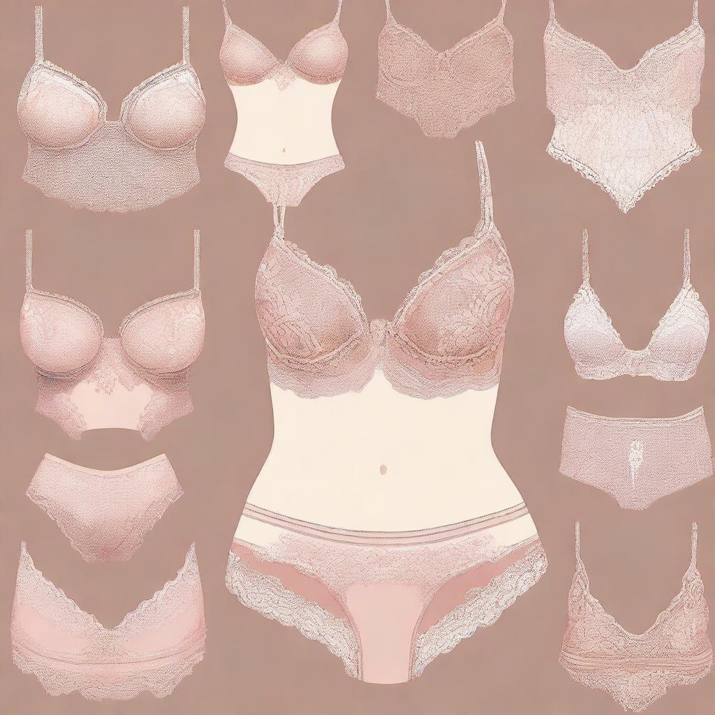 A high-quality digital art image showcasing an array of delicate and intricate lingerie pieces