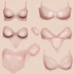 A high-quality digital art image showcasing an array of delicate and intricate lingerie pieces